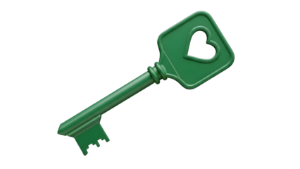 Green key with heart cutout isolated on transparent background