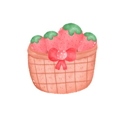 Pink strawberry basket with ribbon and watercolor texture, fruit and woven container, cute rustic...