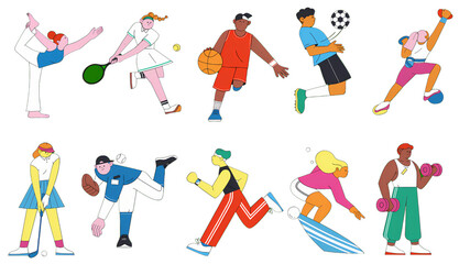 Fototapeta premium Diverse group of cartoon characters engaging in various sports and fitness activities.