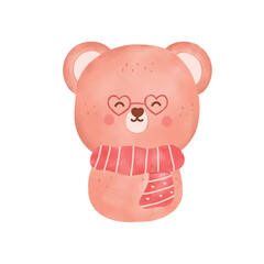 Cute pink bear wearing heart glasses and striped scarf, smiling with blush and closed eyes,...
