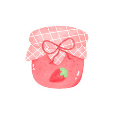 Pink jam jar with gingham cover and bow, cute watercolor strawberry preserve, soft playful kitchen...