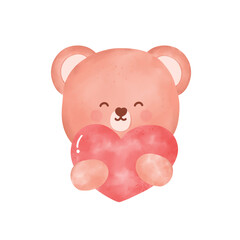 Cute pink bear holding heart, smiling, valentine illustration, soft texture, romantic cozy design