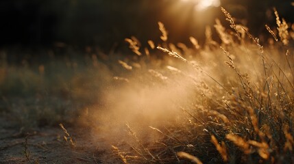 Golden hour sunbeams illuminate swirling dust motes in dry grass creating a warm hazy and atmospheric glow