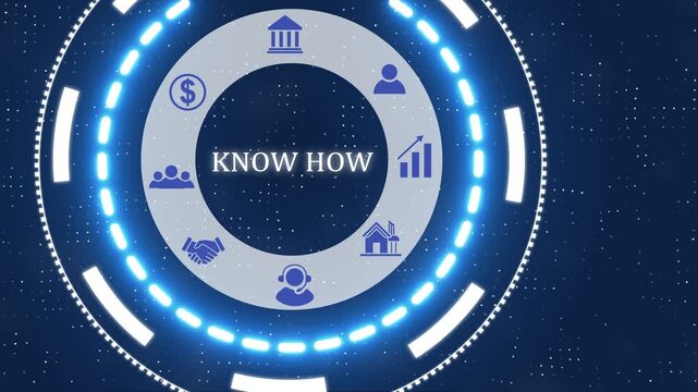 A know how button with blue digital data flow technology network background. Seamless loop technology network concept . Futuristic digital technology animated background.
