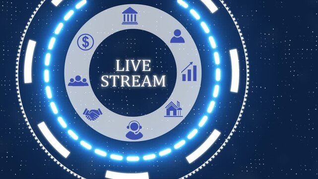 A live stream button with blue digital data flow technology network background. Seamless loop technology network concept . Futuristic digital technology animated background.
