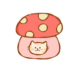Cute pink mushroom house with smiling cat face and polka dot cap, cozy whimsical illustration evoking warmth and playfulness