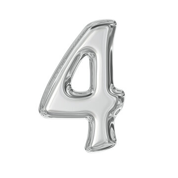 3d Silver balloon number four foil balloon isolated on black, shiny metallic party decoration joyful