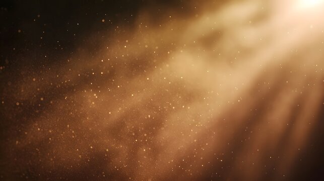 Golden sunbeams pierce through a hazy atmosphere illuminating countless airborne dust particles with a soft warm glow