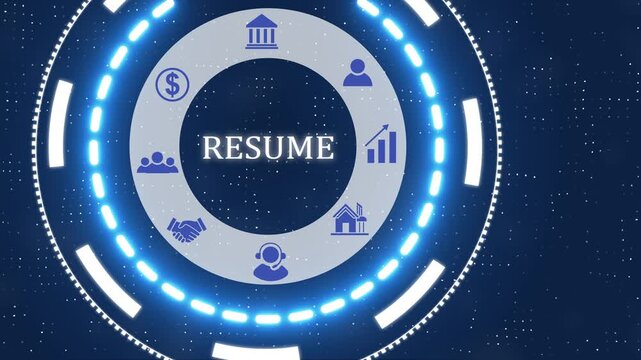 A resume button with blue digital data flow technology network background. Seamless loop technology network concept . Futuristic digital technology animated background.