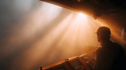 A person in a cap operates complex hinery bathed in dramatic sunbeams filtering through a dusty atmosphere