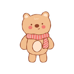Cute brown bear with rosy cheeks wearing striped scarf smiling warmly in simple cartoon style