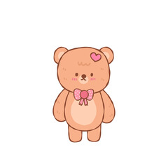Cute pink bow bear plush toy with heart patch, soft fur and blushing cheeks, adorable standing pose conveying gentle affection
