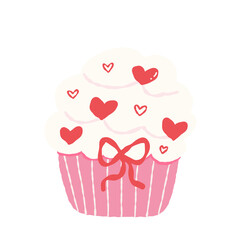 Pink cupcake with white frosting decorated with red heart sprinkles and ribbon bow, cheerful romantic dessert illustration