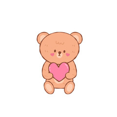 Cute brown teddy bear holding pink heart, adorable plush sitting with blushing cheeks and loving expression