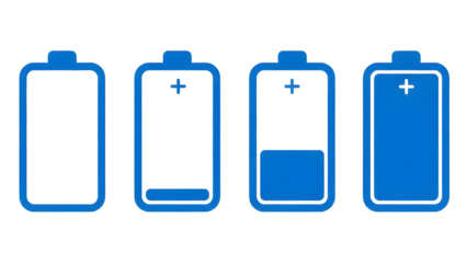 Four battery icons showing different levels of charge isolated on transparent background