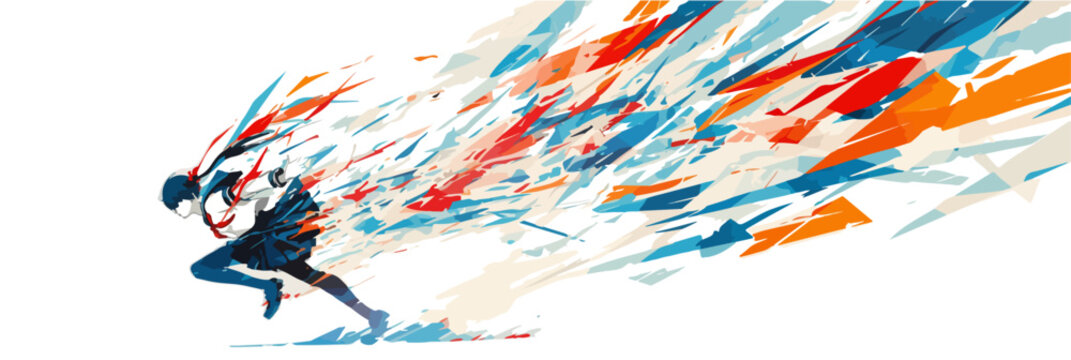 Silueta de atleta corriendo con estela abstracta de colores vibrantes sobre fondo blanco