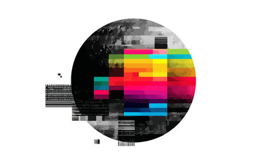 Dise&ntilde;o abstracto de c&iacute;rculo con p&iacute;xeles de colores brillantes y efecto glitch sobre fondo blanco