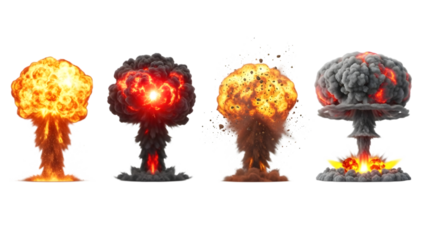 Four stages of a nuclear explosion with a mushroom cloud digital illustration isolated on transparent background