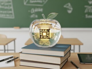 Clear Glass Apple with Digital CPU Chip Inside on School Books in a Classroom for EdTech Concept
