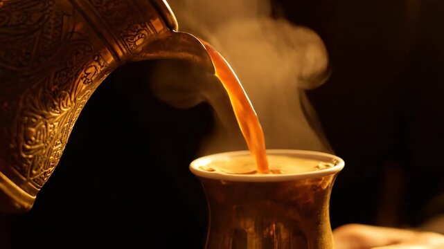 Traditional Arabic Coffee Pouring: Dallah with Ornate Engravings, Steam Rising