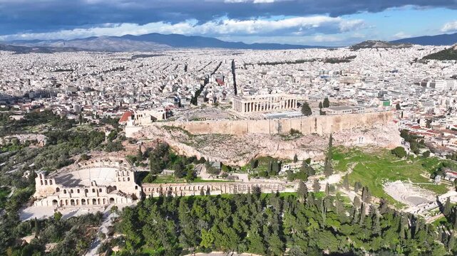 Aerial footage of the Acropolis of Athens and the Odeon of Herodus Atticus