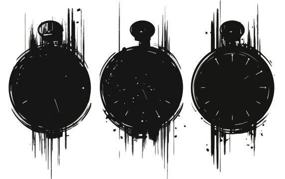 Siluetas negras de relojes de bolsillo antiguos con efecto grunge y manchas de pintura sobre fondo blanco.