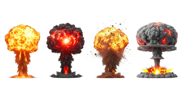 Four stages of a nuclear explosion with a mushroom cloud digital illustration isolated on transparent background