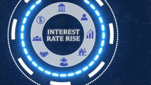 A interest rate rise button with blue digital data flow technology network background. Seamless loop technology network concept . Futuristic digital technology animated background.