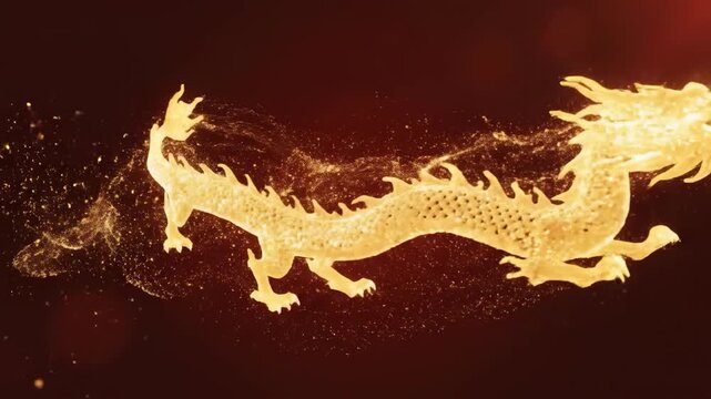 Golden dragon silhouette with sparks on dark red background
