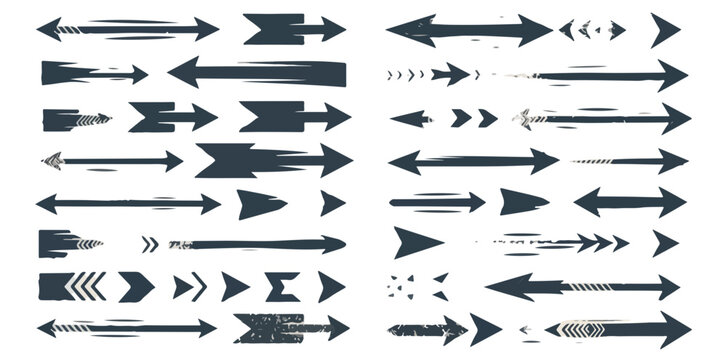 Conjunto de iconos de flechas oscuras con efectos de movimiento, velocidad y trazos grunge sobre fondo blanco.
