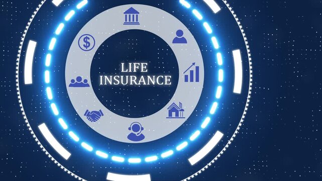A life insurance button with blue digital data flow technology network background. Seamless loop technology network concept . Futuristic digital technology animated background.