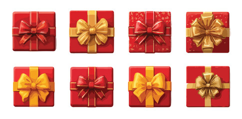 Fototapeta premium Colección de ocho cajas de regalo cuadradas rojas con lazos dorados y rojos sobre fondo blanco.