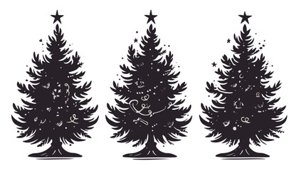 Obraz premium Conjunto de siluetas de árboles de Navidad decorados y sin decorar con estrella en la cima.