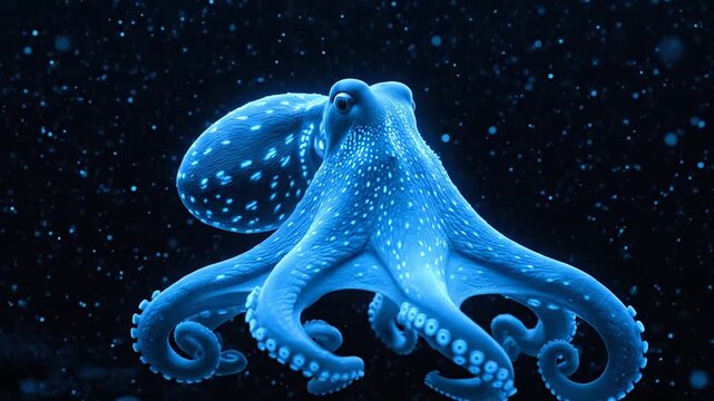 Blue Bioluminescent Octopus Surrounded by Night Underwater Currents and Glowing Dots.