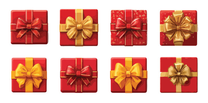 Colecci&oacute;n de ocho cajas de regalo cuadradas rojas con lazos dorados y rojos sobre fondo blanco.