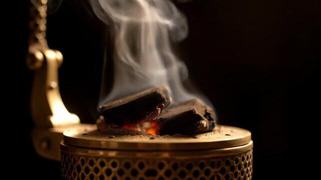 Traditional brass incense burner with glowing charcoal and aromatic oud smoke