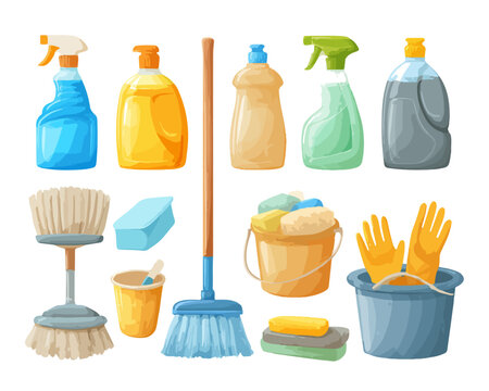 Colecci&oacute;n de herramientas y productos de limpieza dom&eacute;stica con fondo transparente para desinfecci&oacute;n y aseo.