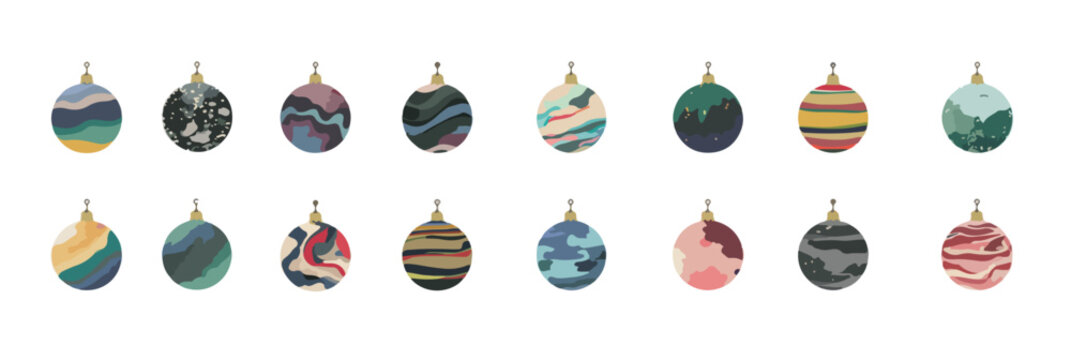 Colecci&oacute;n de doce adornos navide&ntilde;os esf&eacute;ricos con texturas abstractas y fondo transparente