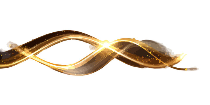 L&iacute;nea abstracta dorada brillante con efecto de onda luminosa y part&iacute;culas sobre fondo blanco.