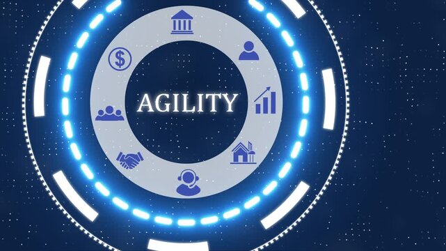 A agility button with blue digital data flow technology network background. seamless loop technology network concept . Futuristic digital technology animated background.