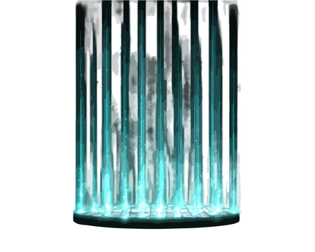 Ilustraci&oacute;n abstracta de un cilindro vertical con l&iacute;neas azules brillantes y efecto de transparencia aislado.