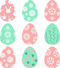 Set of 9 cute pastel Easter eggs with bunnies and flowers. Vector collection of spring holiday symbols with carrots and floral patterns in pink and green colors.