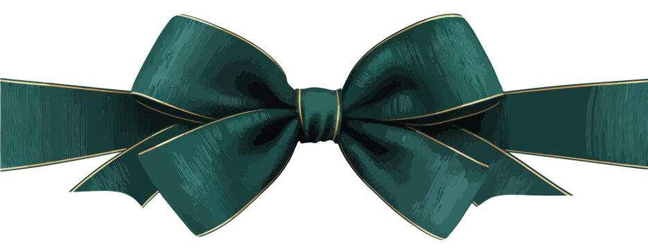 Lazo decorativo de cinta verde esmeralda con borde dorado, aislado sobre fondo transparente para regalos.