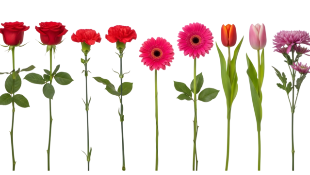 Variety of colorful gerbera rose and tulip flower stems arranged in a row isolated on transparent background - Powered by Adobe