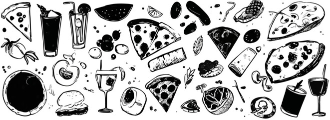 Colecci&oacute;n de iconos dibujados a mano de comida r&aacute;pida y bebidas con fondo transparente, estilo boceto.
