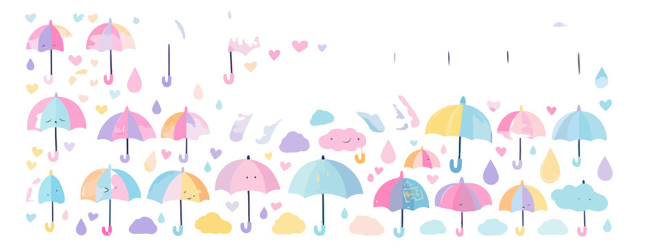Patr&oacute;n de paraguas y gotas de lluvia pastel dibujados a mano sobre fondo transparente para dise&ntilde;o.