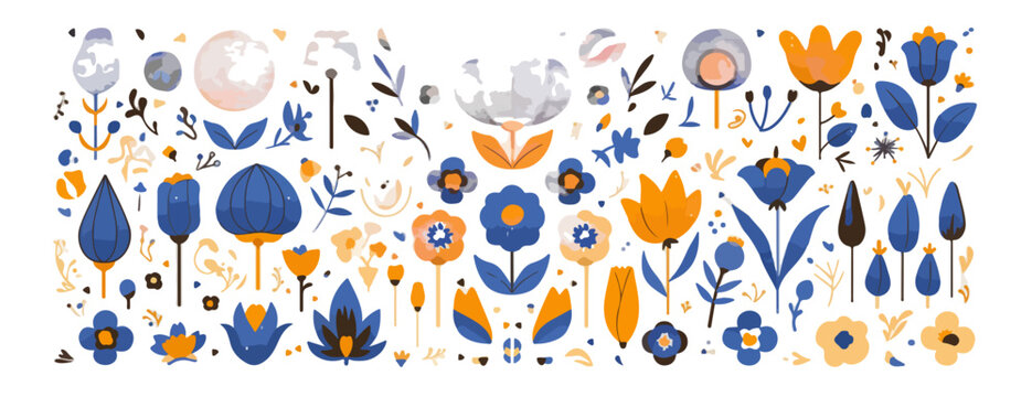 Conjunto de elementos florales estilizados en tonos azules y naranjas sobre fondo blanco, dise&ntilde;o transparente.