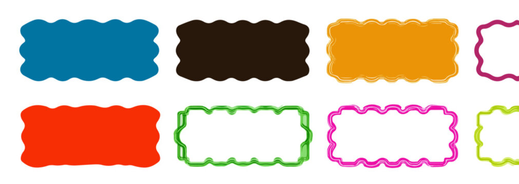 Conjunto de etiquetas rectangulares con bordes ondulados en colores vivos y vac&iacute;as sobre fondo transparente.