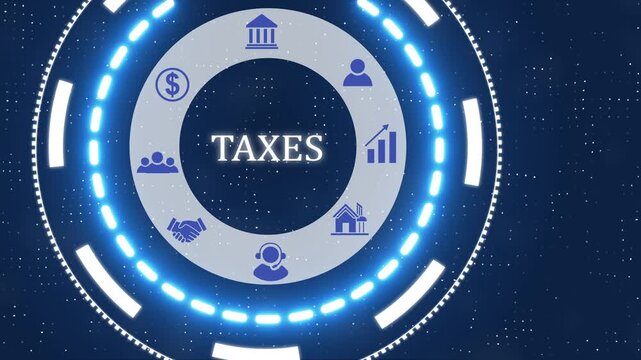 A taxes button with blue digital data flow technology network background. Seamless loop technology network concept . Futuristic digital technology animated background.