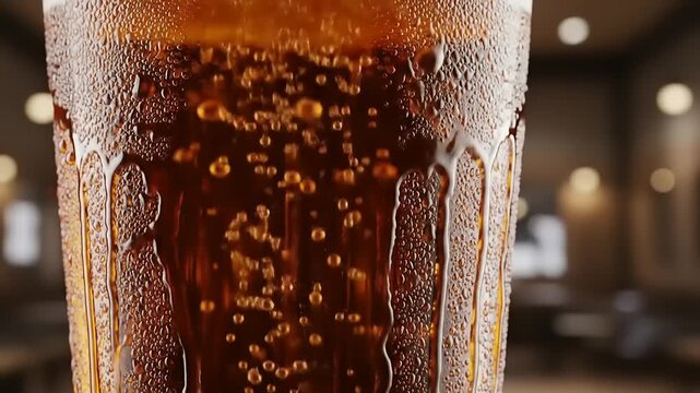 Close-up of a frosty glass filled with carbonated beverage, showcasing bubbles and condensation in a cozy setting
